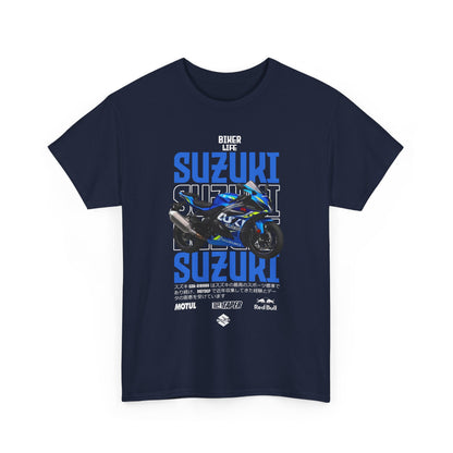 Chic navy men's t-shirt showcasing a striking Suzuki GSX-R1000 motorcycle design with bold lettering, ideal for biking enthusiasts.