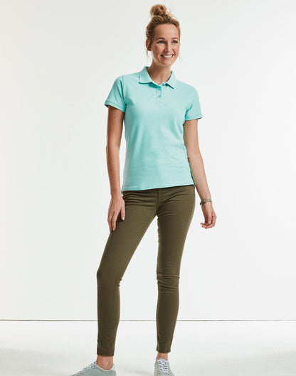 Luxury sustainable organic cotton polo shirt for ladies, showcasing contemporary fit and modern design.