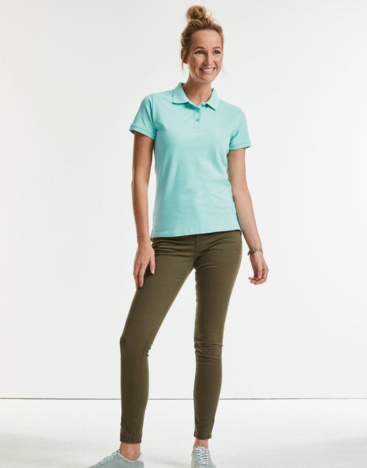 Luxury sustainable organic cotton polo shirt for ladies, showcasing contemporary fit and modern design.