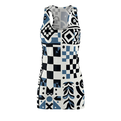 Luxurious Lorelei Beaumont Racerback Dress by Dazzling Dreams Studio featuring chic block prints and dynamic checkerboard patterns on a fresh white backdrop, perfect for modern fashionistas seeking elegance and comfort.
