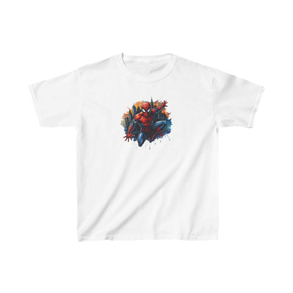 Child's Unleash Your Inner Hero: Spider-Man Unisex Graphic Tee Shirt Kids in pristine white, showcasing a dynamic comic book design of Spider-Man leaping through an urban environment.