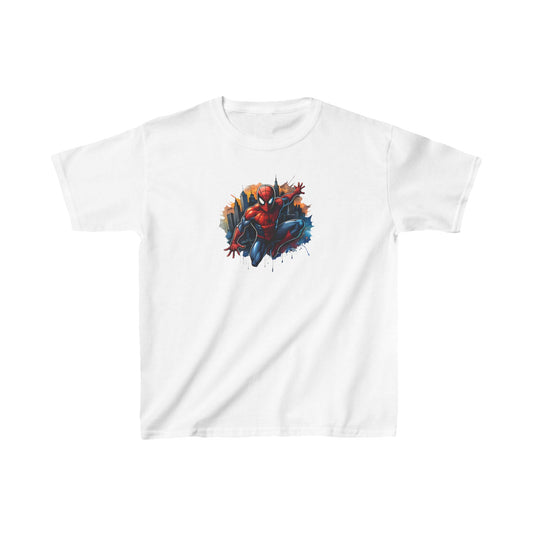 Child's Unleash Your Inner Hero: Spider-Man Unisex Graphic Tee Shirt Kids in pristine white, showcasing a dynamic comic book design of Spider-Man leaping through an urban environment.