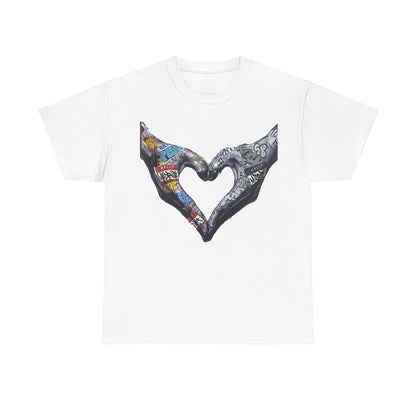 Chic Love Graffiti Hands Tee in pristine white, featuring an eye-catching design of hands forming a heart shape, embellished with urban graffiti, representing a unique blend of style and art.