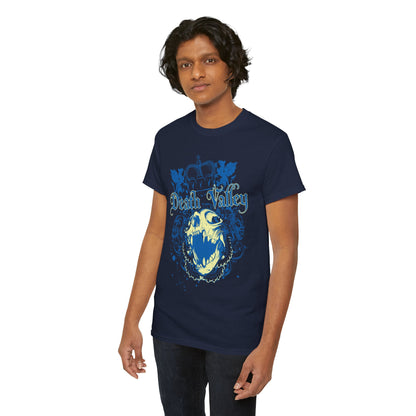 Another model wearing a navy blue t-shirt adorned with a striking skull design and the words 'Death Valley', embodying elegance and dark luxury.
