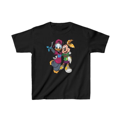 Child's Daisy Duck & Minnie Mouse Graphic Unisex Tee Shirt Kids featuring vibrant hip-hop and rock-and-roll styles on a black background.
