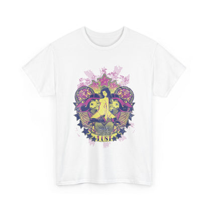 Luxury retro punk style men's t-shirt featuring striking cosmic and mechanical themed graphics, showcasing a stylised female figure with intricate design elements.