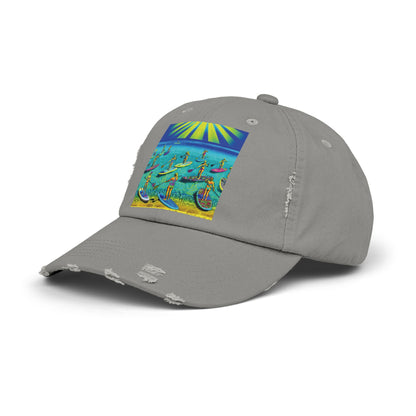 Unisex Distressed Paddleboarders Cap - Side view highlighting the trendy distressed fabric and iconic paddleboard graphic.