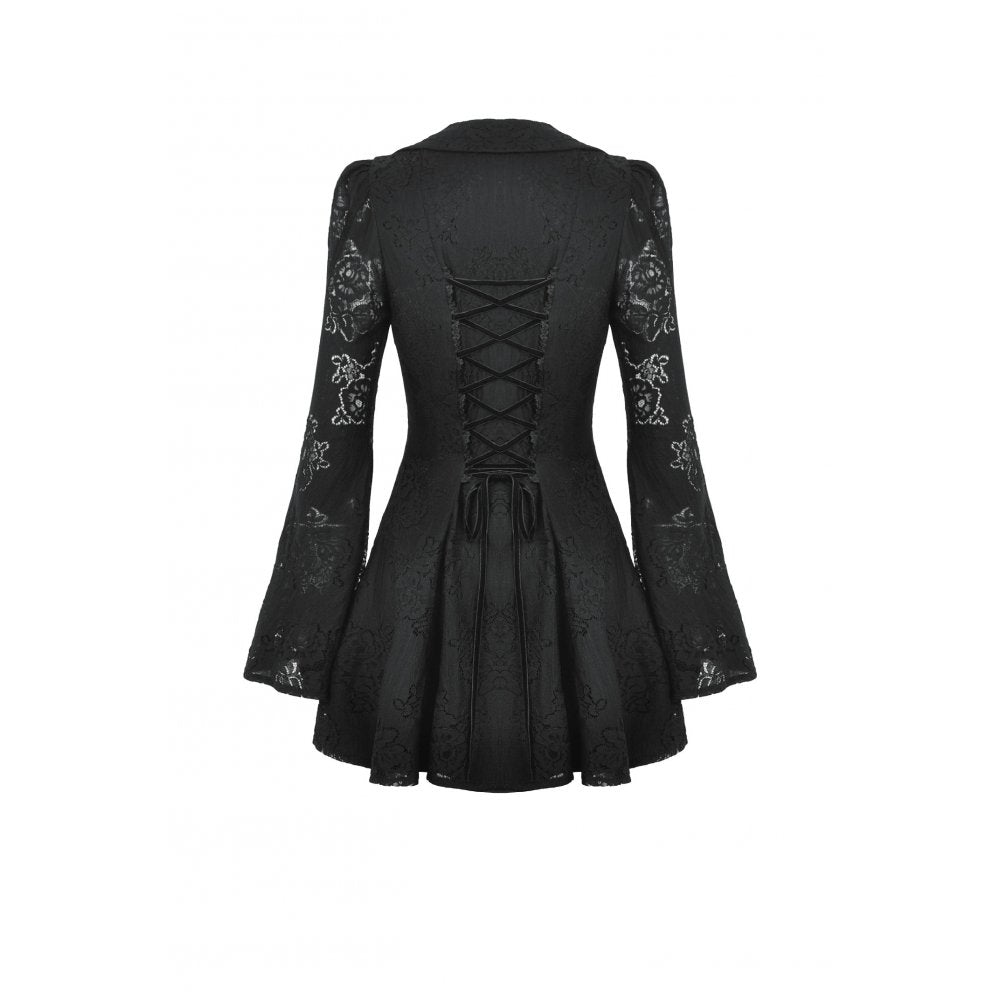 Dramatic back view of the gothic lace dress with gemstone buttons, highlighting the exquisite craftsmanship and flattering fit designed for comfort and style.