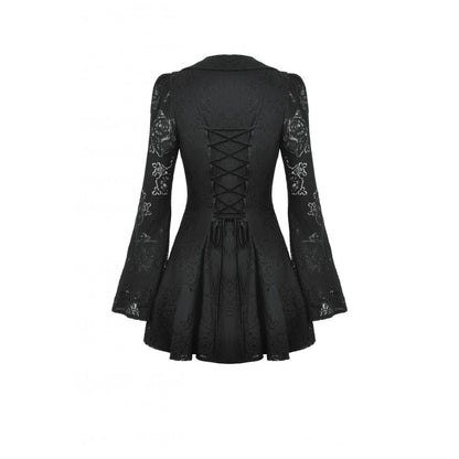 Dramatic back view of the gothic lace dress with gemstone buttons, highlighting the exquisite craftsmanship and flattering fit designed for comfort and style.