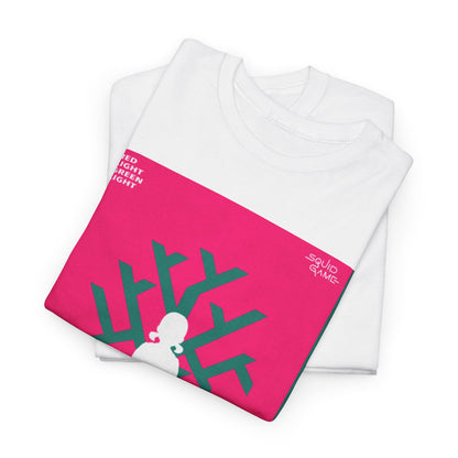 Chic folded Squid Game t-shirt displaying vibrant graphic artwork, a perfect addition to any modern wardrobe for fashion enthusiasts who value both comfort and innovation.