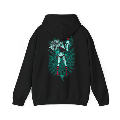 Chic black hoodie adorned with a bold back graphic of a powerful woman framed by intricate designs and a green snake, exuding an edgy yet sophisticated vibe.