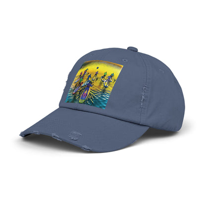 Side view of the Unisex Distressed Paddleboarders Cap in a rich colour, featuring intricate details and vibrant paddleboarders artwork for outdoor enthusiasts.