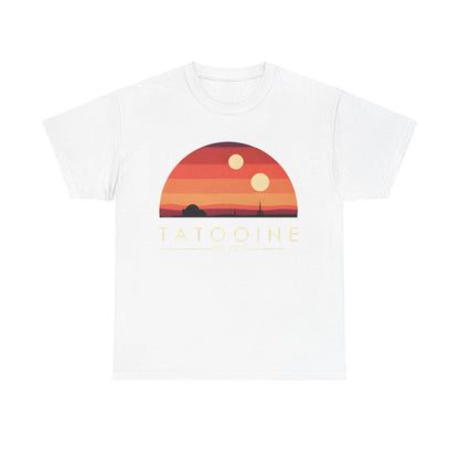Tatooine Graphic Unisex Tee Shirt in classic white presenting a beautiful sunset design with two suns, established in 1977. A luxurious piece crafted from soft-touch fabric.