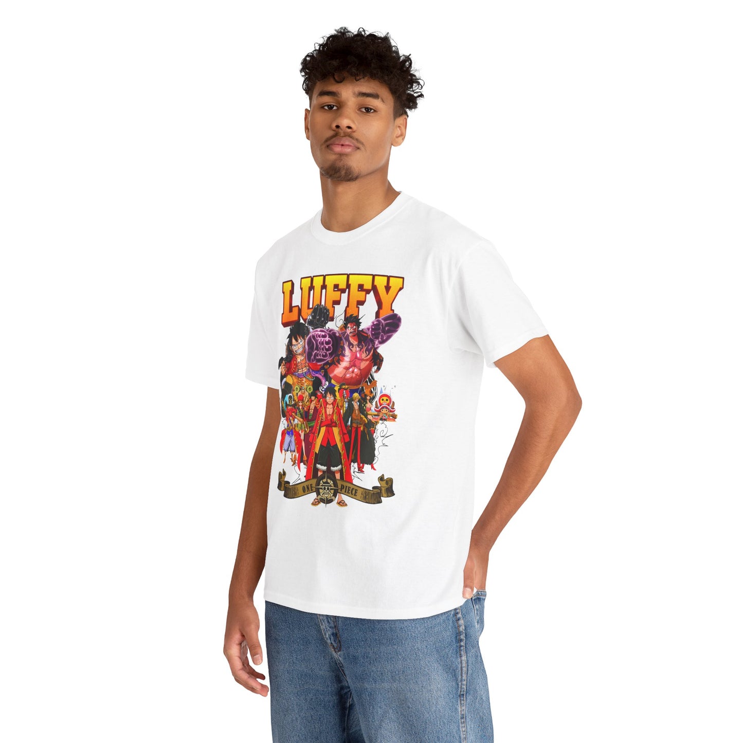 Stylishly modelled Bold 1 Piece Luffy Men's T-Shirt featuring a vibrant graphic design, perfect for showcasing your anime passion in a chic and fashionable setting.