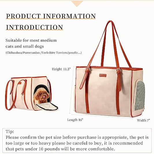 Lasaviin Fashion Dog Purse Pet Carrier Leather Bag for Small Dogs Cats Puppy, Portable Tote Bag Airline Approved Soft-Sided Carriers (Beign)