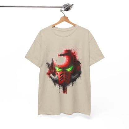 Luxury beige graphic t-shirt featuring a striking red and green helmet design, showcasing an artistic splatter effect.