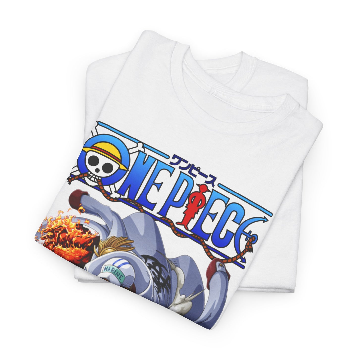 Luxury One Piece Akainu T-Shirt folded neatly, showcasing vibrant anime-inspired graphic design featuring Akainu amidst dramatic flames and the iconic One Piece logo, ideal for stylish fans.