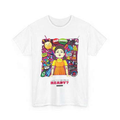 Elegant white t-shirt with an artistic Squid Game illustration, prominently displaying character design and intriguing game motifs, perfect for fashion-forward individuals.