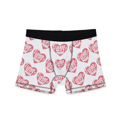 Valentines Naughty Cheeky Men's Boxer Briefs featuring playful heart graphic with the phrase 'I LICKED IT SO IT'S MINE', designed for a humorous and romantic twist for special occasions.