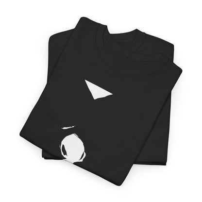 Stacked unisex black t-shirts showcasing an abstract black and white design that embodies a playful and suggestive flirtation.