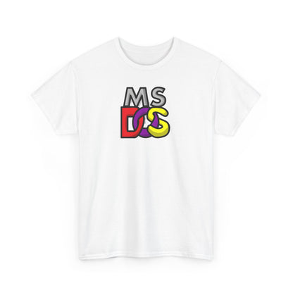 Front view of the Unisex MS DOS Logo Graphic Tee in white, highlighting the vibrant MS DOS logo, an homage to retro computing style.