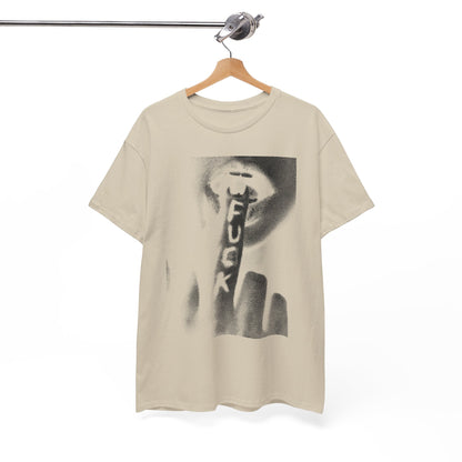 Stylish beige graphic t-shirt elegantly hung on a wooden hanger, showcasing a striking black-and-white image, ideal for contemporary fashion enthusiasts.