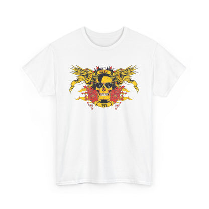 Refined white t-shirt displaying a striking yellow skull graphic, complemented by ornate wings and lush floral motifs, celebrating a nostalgic 1978 aesthetic.