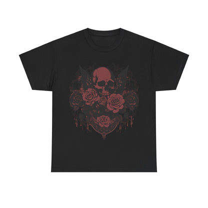 Skulls and Roses Cotton Tee, Unisex Graphic Shirt, displayed in black. The captivating design features a striking skull surrounded by roses, ideal for those seeking luxury in alternative fashion.