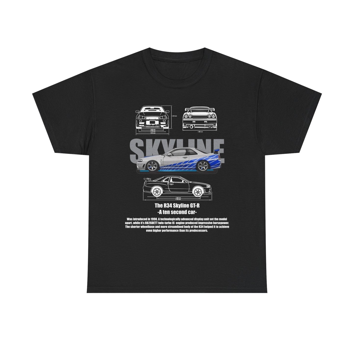 Elegant black men's t-shirt showcasing the R34 Skyline GT-R design with intricate racing stripes and automotive illustrations, perfect for car enthusiasts.