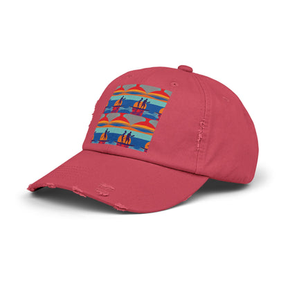 Chic pink Unisex Distressed Cap featuring an artistic paddleboarding scene, tailored for adventurous water lovers.