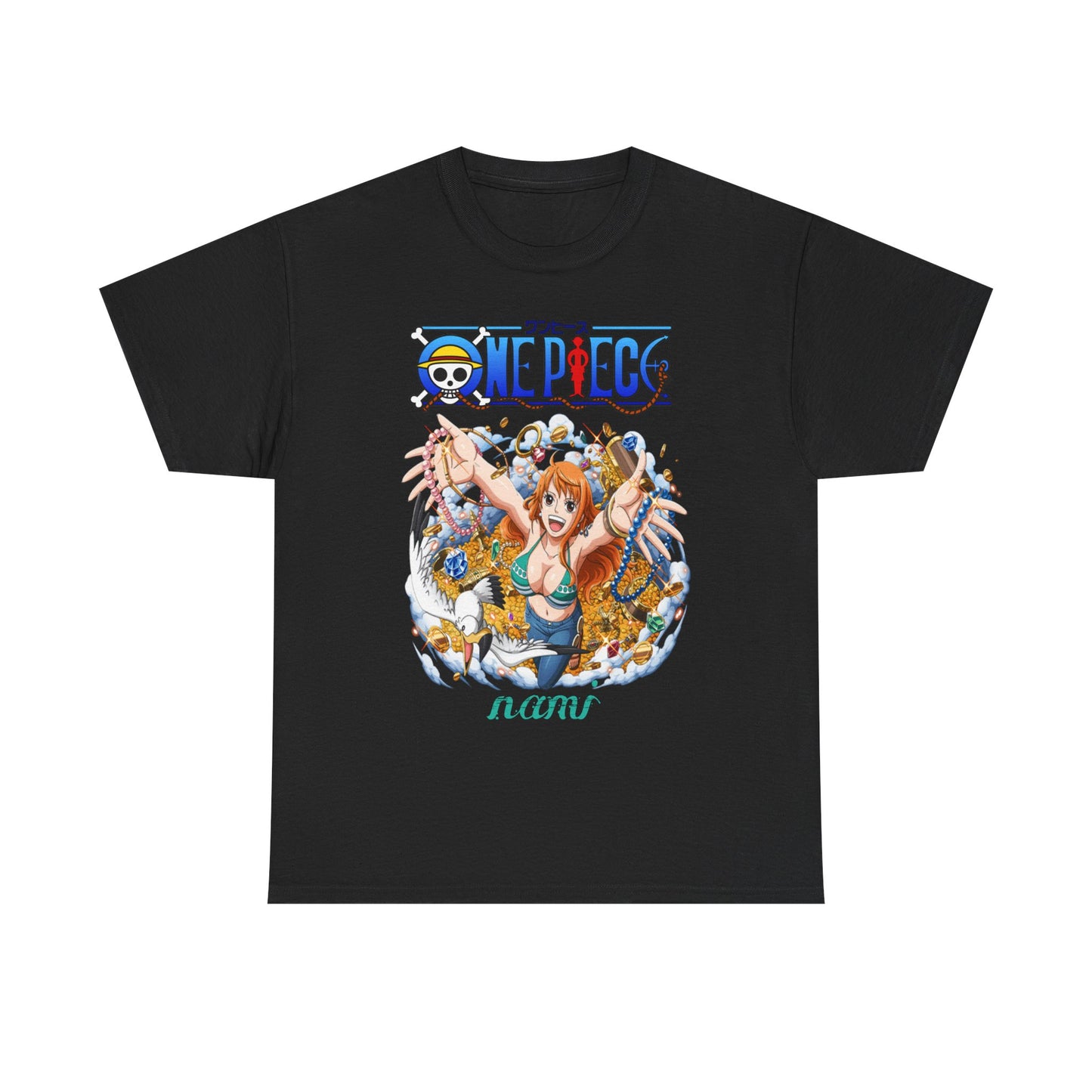 Chic black men's t-shirt showcasing a captivating design of Nami from One Piece, radiating joy amidst a bounty of treasures, suited for stylish anime lovers.