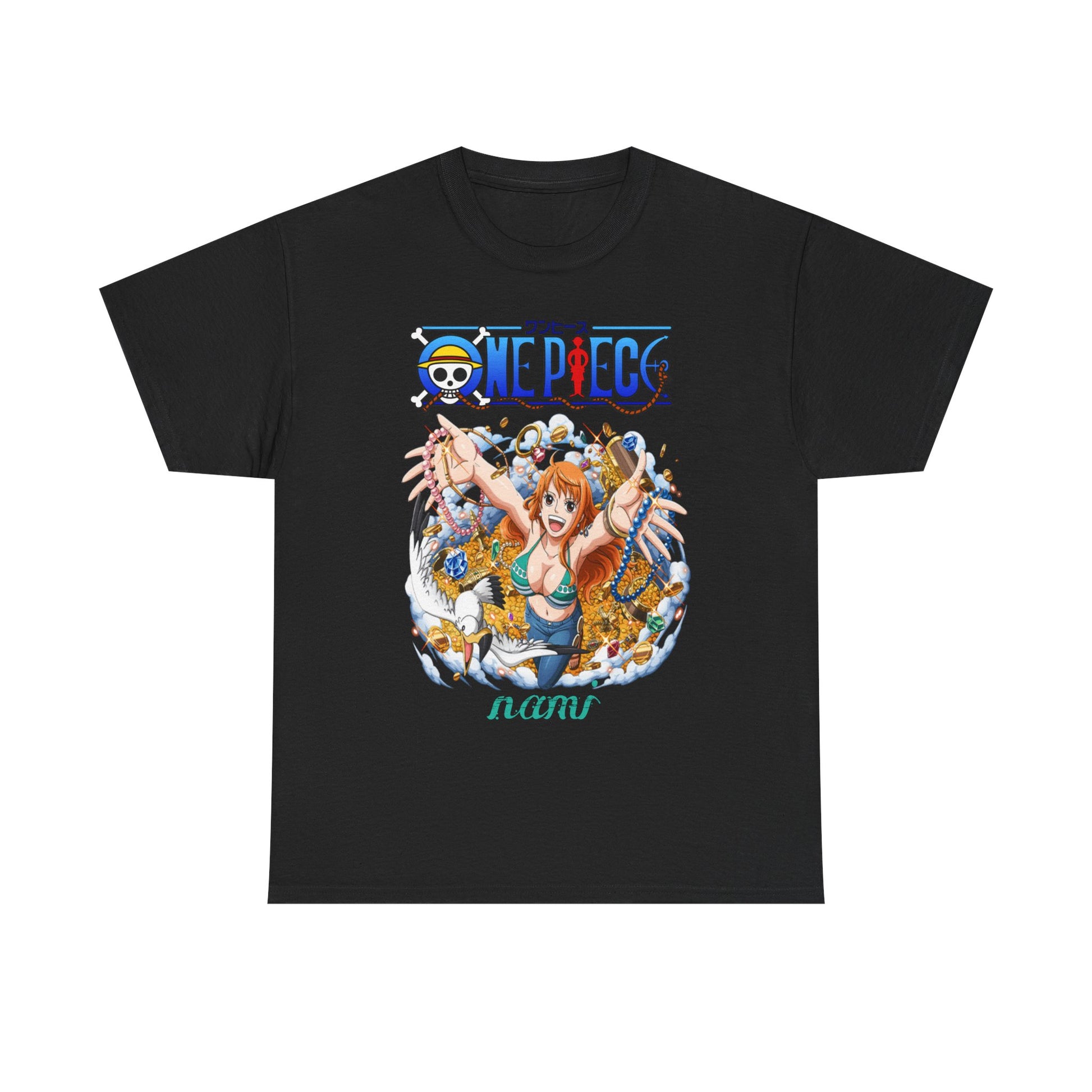 Chic black men's t-shirt showcasing a captivating design of Nami from One Piece, radiating joy amidst a bounty of treasures, suited for stylish anime lovers.