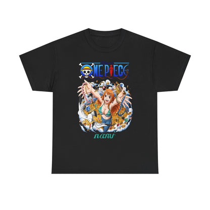Chic black men's t-shirt showcasing a captivating design of Nami from One Piece, radiating joy amidst a bounty of treasures, suited for stylish anime lovers.