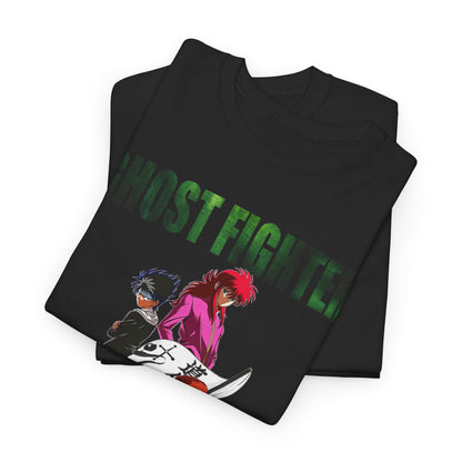 Ghost Fighter graphic T-shirt laid flat, showcasing a bold design with dynamic anime imagery, perfect for collectors and fashion enthusiasts.