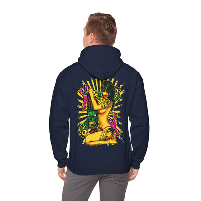 Stylish man wearing a navy hoodie with a captivating pop art illustration on the back, featuring a confident woman and dynamic graphics, ideal for making a statement in urban fashion.