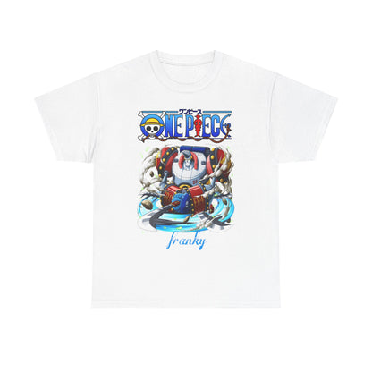 Elegant white One Piece Franky Men's T-Shirt showcasing a stunning illustration of Franky, blending style with anime culture, ideal for urban streetwear.