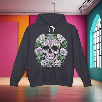 Front view of a stunning Unisex Lightweight Hooded Sweatshirt adorned with an artistic skull and roses design, embodying edgy luxury.