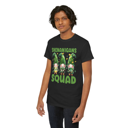 Shenanigans Squad St. Patrick's Day T-Shirt presented by a male model, featuring a delightful leprechaun design on a stylish black tee, ideal for St. Patrick's Day festivities.