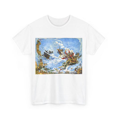 Discworld The Light Fantastic Graphic Unisex T Shirt Tee featuring an elaborate and artistic depiction inspired by Terry Pratchett's universe, showcasing vibrant colours and whimsical characters, perfect for fans of fantasy literature.