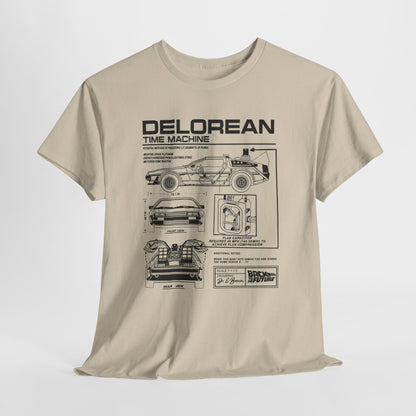 Beige t-shirt with an elegant DeLorean time machine technical drawing, emphasizing intricate features and a timeless design suitable for fans of classic cinema.