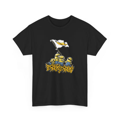 Minions Iwo Jima Unisex Mens Women's Graphic Funny T Shirt Tee, showcasing a playful graphic of Minions raising a banana flag, ideal for those who enjoy quirky fashion. T Shirt, Funny, Minions.