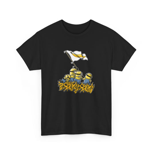 Minions Iwo Jima Unisex Mens Women's Graphic Funny T Shirt Tee, showcasing a playful graphic of Minions raising a banana flag, ideal for those who enjoy quirky fashion. T Shirt, Funny, Minions.