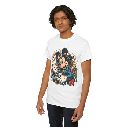 Model showcasing the Mickey Mouse Poker Graphic Tee, a stylish and sophisticated casino-inspired design perfect for casual elegance.