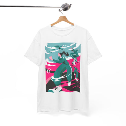 Luxurious graphic cotton t-shirt featuring an artistic design inspired by the popular series Squid Game, elegantly displayed on a wooden hanger in a bright studio setting.