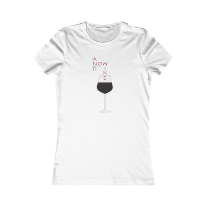 Chic white t-shirt featuring the 'And Now Wine' graphic design, highlighting a wine glass illustration and clever typography, ideal for fashionable wine lovers.