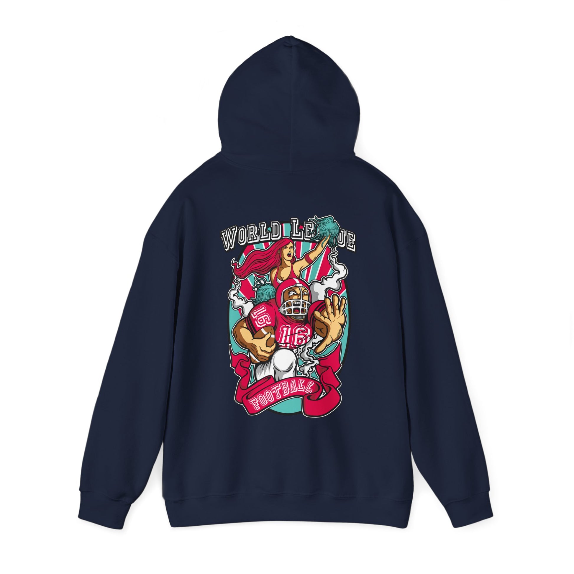Elegant navy hoodie displaying a dynamic football-themed design on the back, embodying team spirit and excitement.