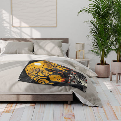 Decorative and Warm Halloween Spooky Arctic Fleece Blanket beautifully displayed on a stylish bed, creating a chic and festive impact for the Halloween season.