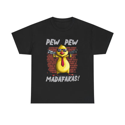 Elegant black t-shirt with a quirky design of a gangster-inspired cartoon chicken, wearing sunglasses and a red tie, brandishing toy guns against a brick background. Emblazoned with the fun phrases 'PEW PEW' and 'MADAFAKAS!', ideal for stylish, humorous attire.
