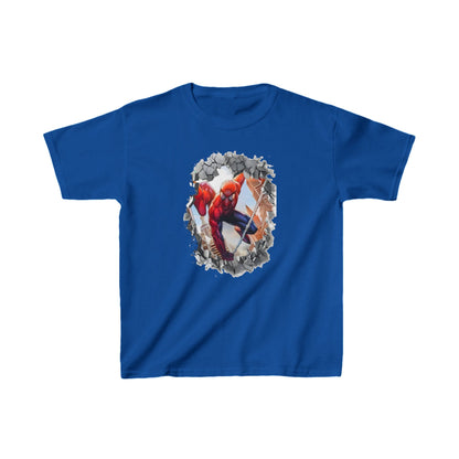 Refined Unisex Kids Spider-Man Cotton T-Shirt in royal blue, featuring an eye-catching Spider-Man illustration cracking through a wall, ideal for young style icons.