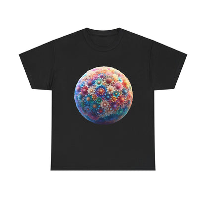 Iridescent Floral Sphere Unisex Cotton Tee Graphic T Shirt in black, showcasing a vibrant floral sphere graphic that exudes luxury and style.